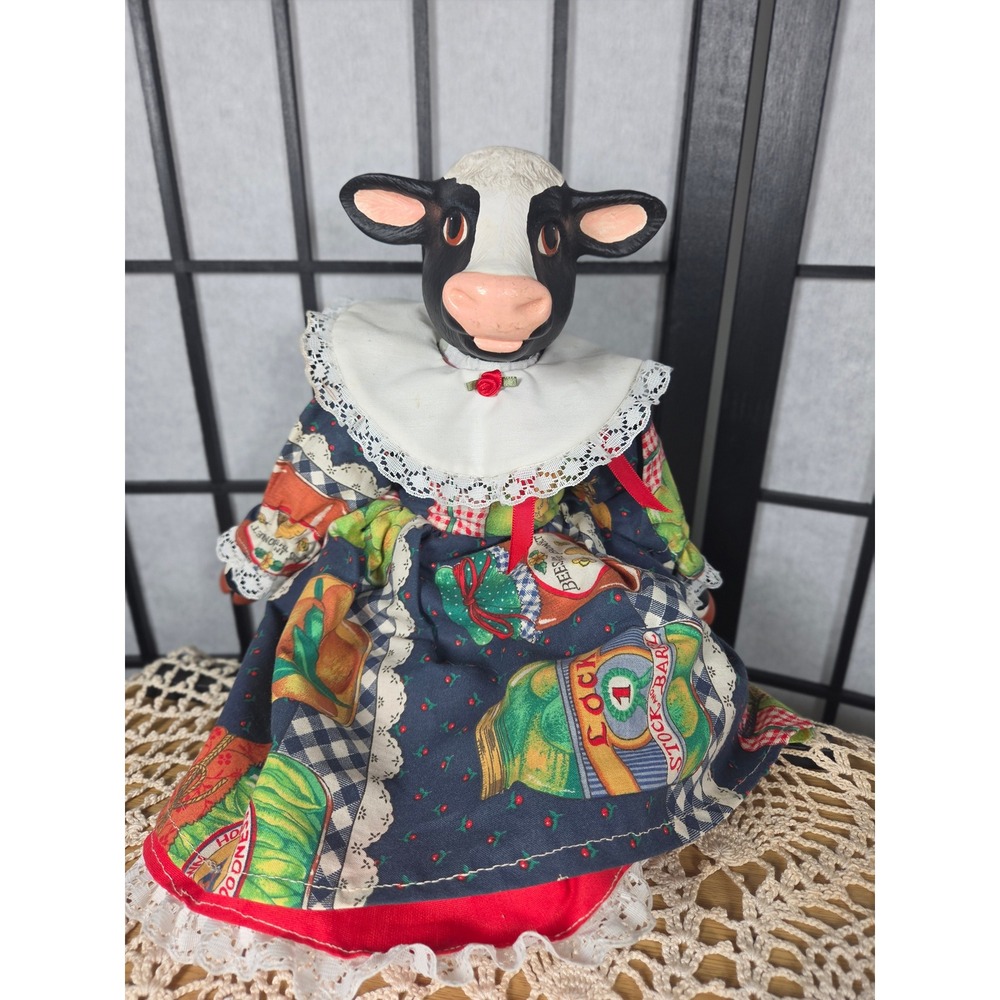 Vintage Ceramic Cow Doll Country Farmhouse Decor Lace Dress 15 Inch